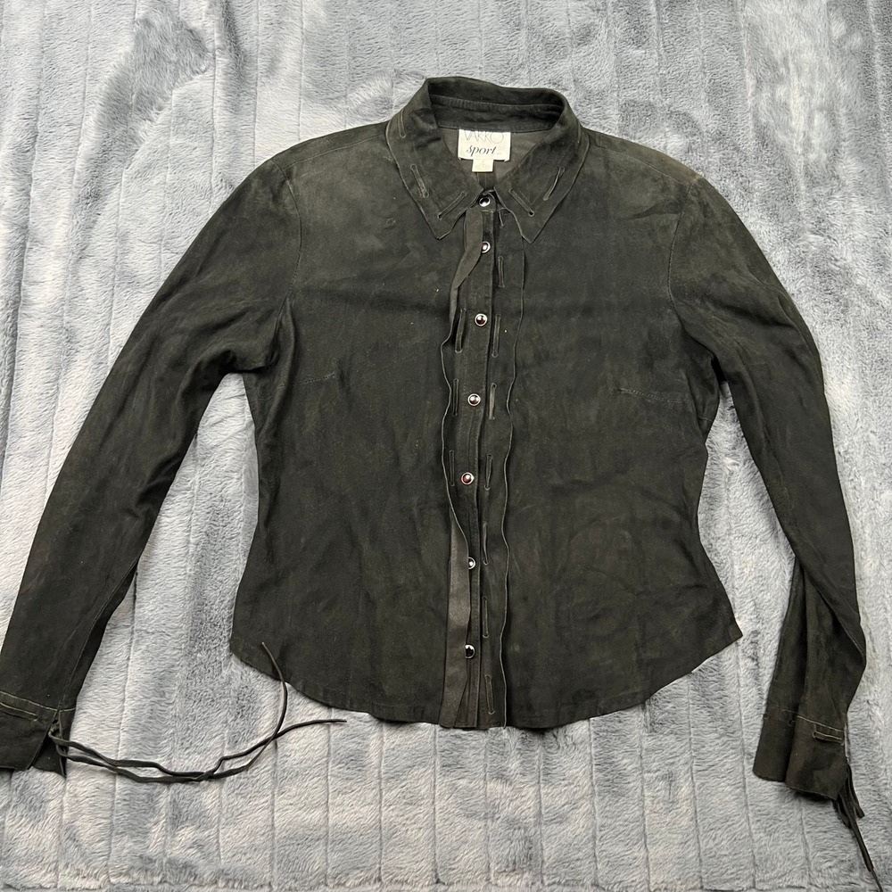 Vakko Sport Black Goat Suede Leather Whipstitch Tie Jacket Women Large